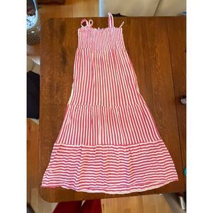 RAVIYA Pink White Striped Smocked Tiered Maxi Dress Size Small